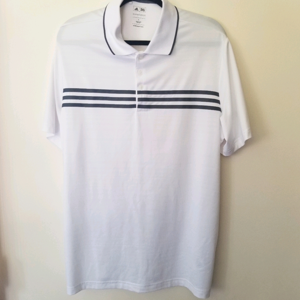 EUC Adidas Golf Polo Shirt - Men's Large - White with Grey Stripes - EUC!